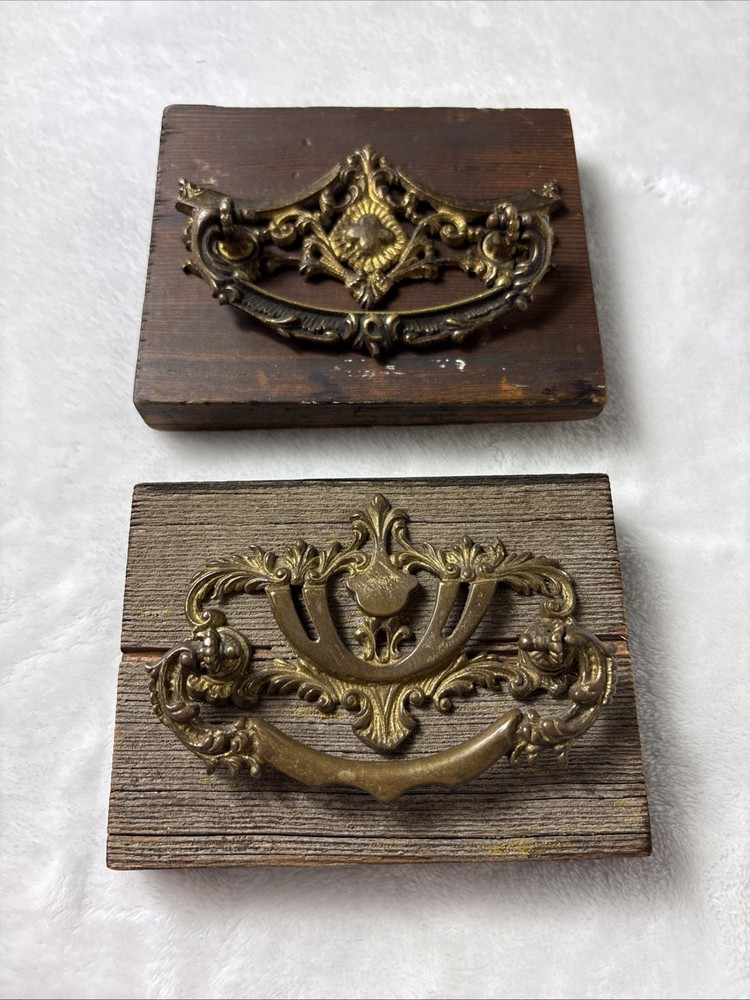 Pair Antique Victorian Ornate Brass Drawer Pulls Handles Rococo Hardware