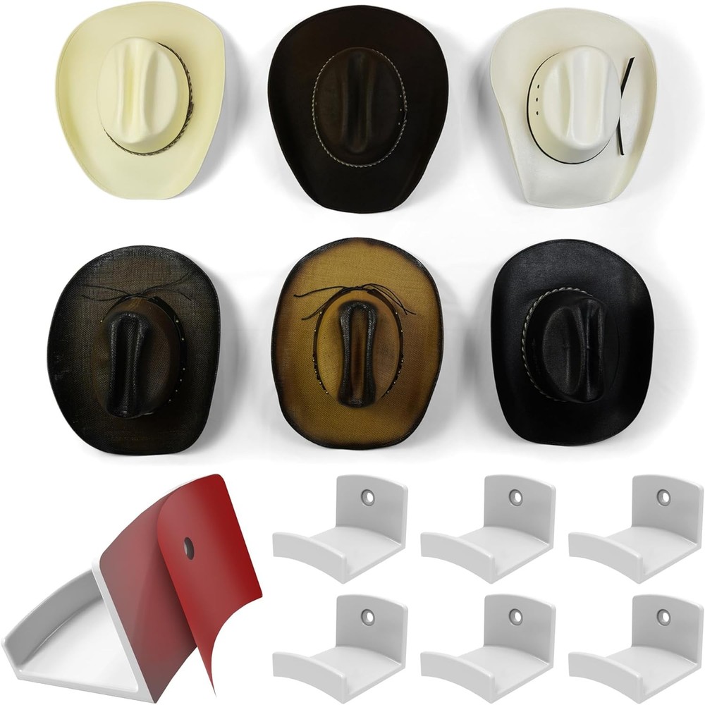 Modern JP Adhesive Hat Hooks for Wall (6-Pack) - Cowboy Rack, Wide White