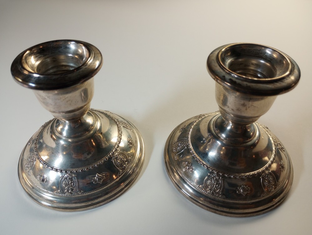 (TWO) Antique Rose Point by Wallace Sterling Silver Candlestick