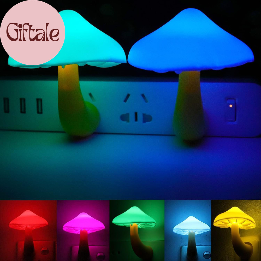 2 Pack LED Cute Mushroom Night Light Plug into Wall Lamp 7-Color Changing Sensor