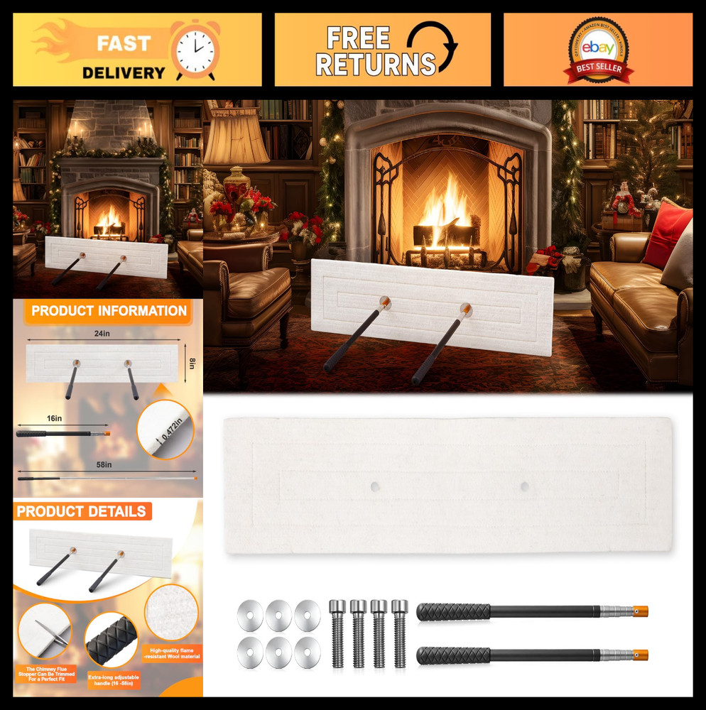 Wool Fireplace Draft Stopper with Adjustable Pole - Chimney Flue Seal Tool 24x8"