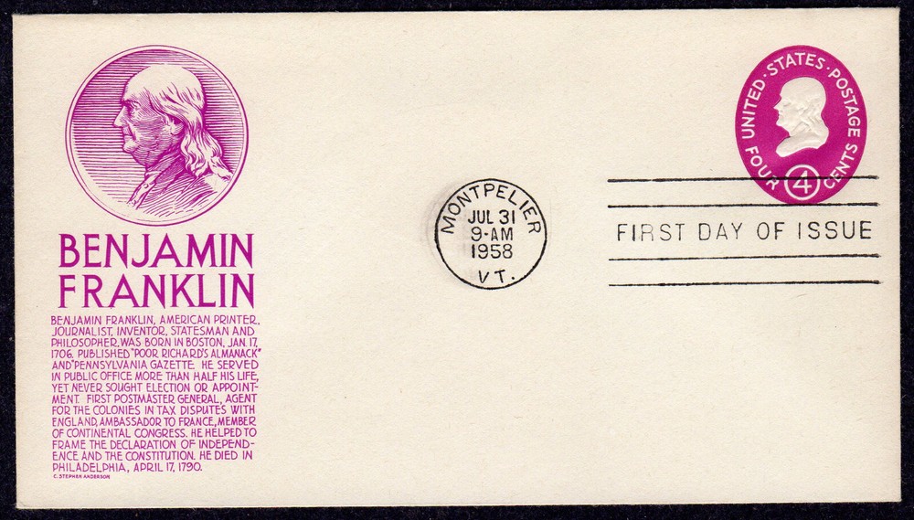 1958 4c Franklin Embossed Envelope (U536) - Reddish Anderson FDC NW521