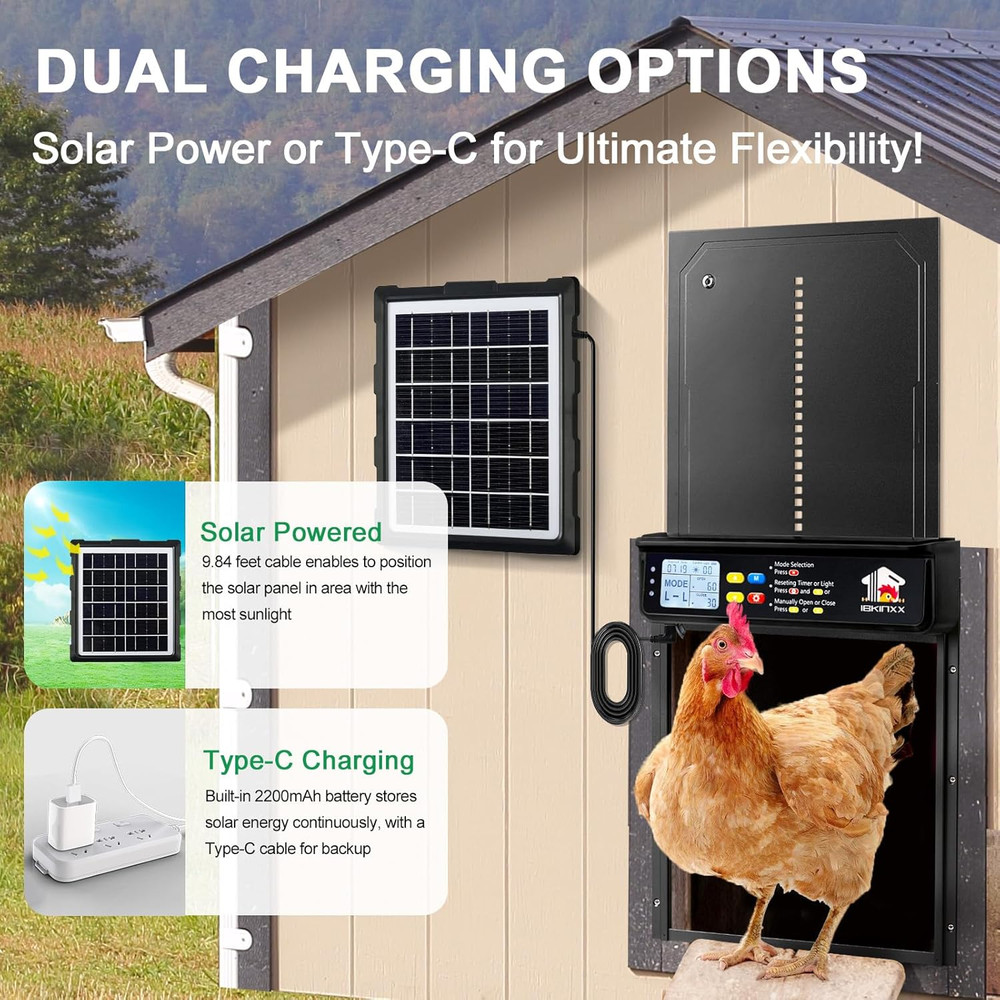 Automatic Chicken Coop Door Solar Powered with Remote Control Manual Mode, Timer