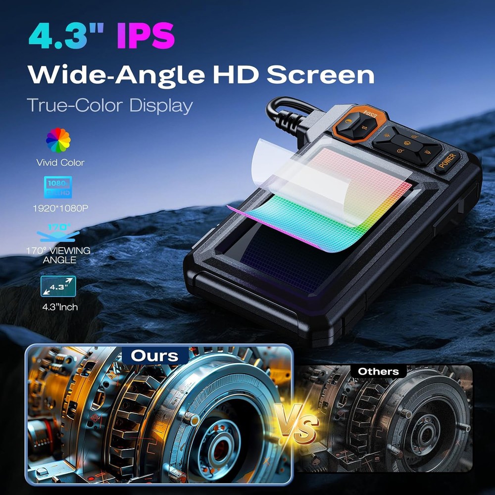 IP67 Endoscope Camera with Light, Borescope Camera with 4.3" IPS Screen