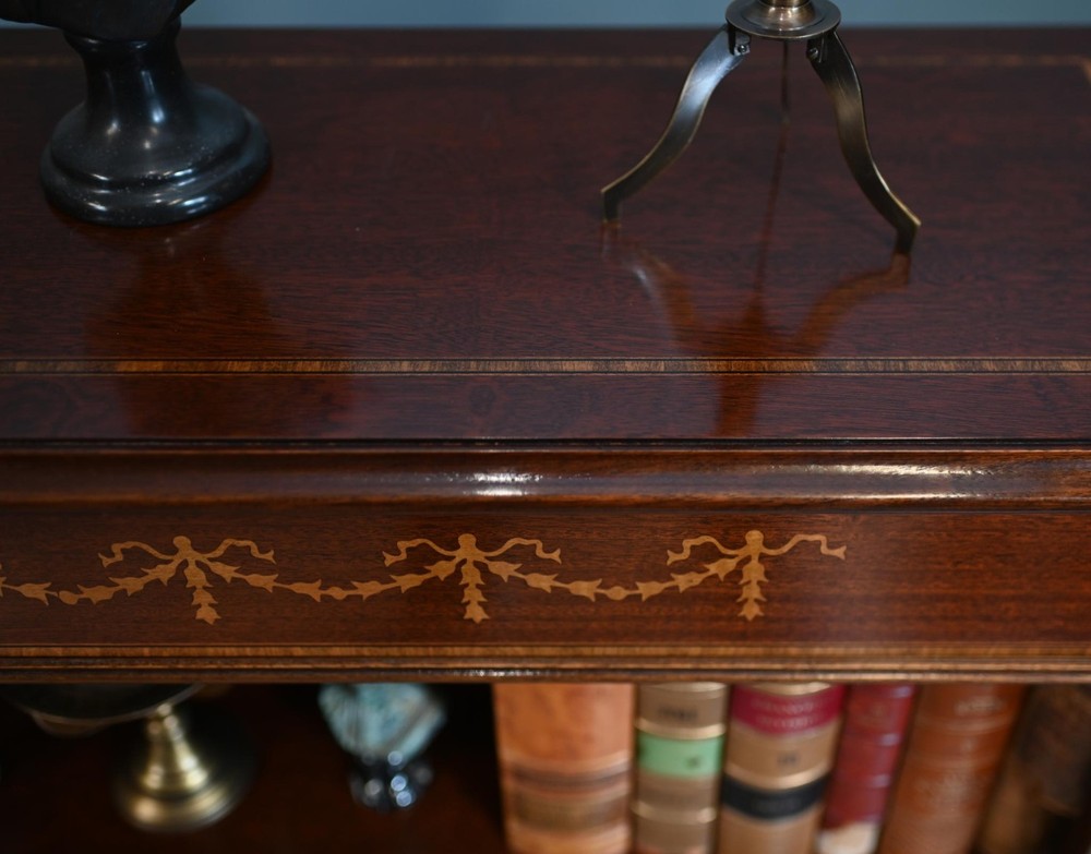 Wide Regency Open Bookcase - Mahogany Inlay Library Study