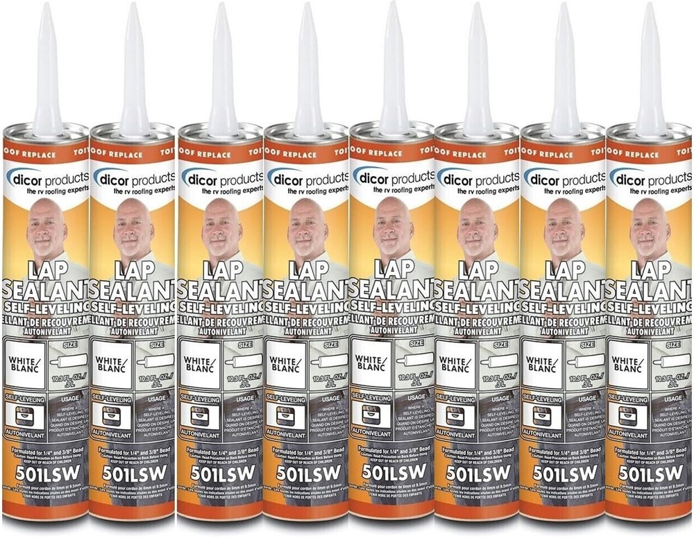 Dicor 501LSW, RV Roof Self-Leveling Lap Sealant White 10.3 Oz. Tube, Pack Of 8