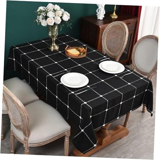 Linen Table Cloth Black Christmas 120" x 53" (Rectangular) Plaid Black