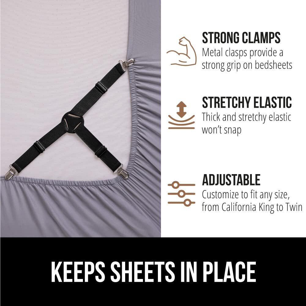 Bed Sheet Straps, Adjustable Elastic Fasteners with Metal Clips, Keep in Plac...