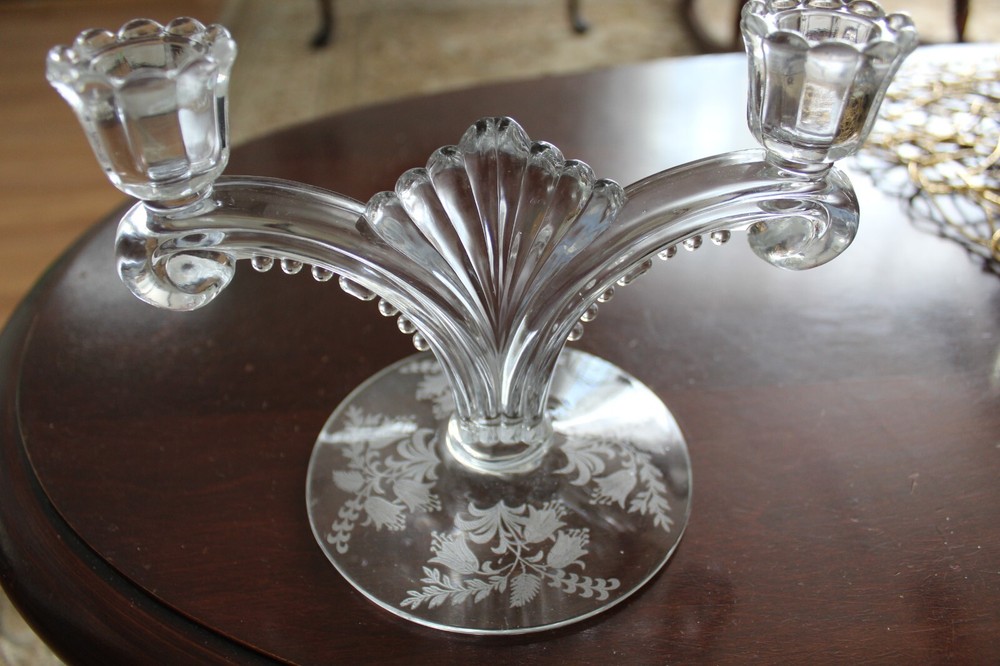 Cherokee Rose Double Arm Candlestick Holder Etched Beaded