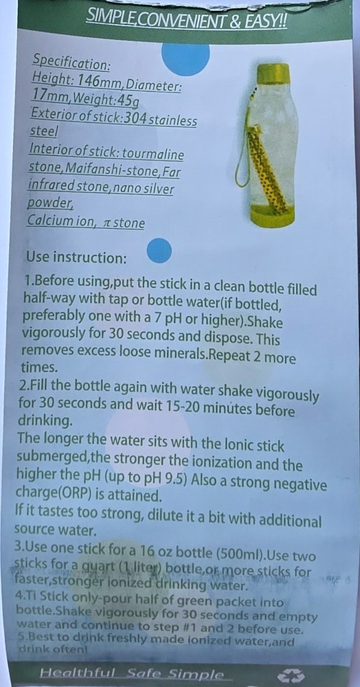 Alkaline Stick Hydrogen Portable Water Ionizer pH 10 pieces!