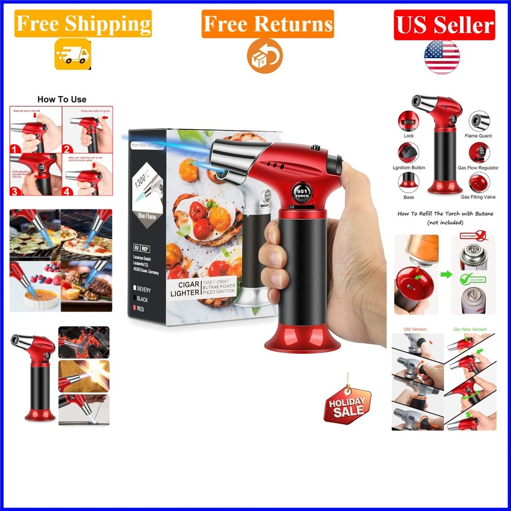 Red & Black Refillable Kitchen Blow Torch, Adjustable Flame, 6 Inches