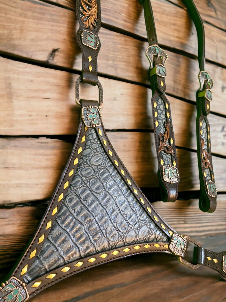 Western Headstall thunderbird hardware grey alligator filigree carving MOUSM