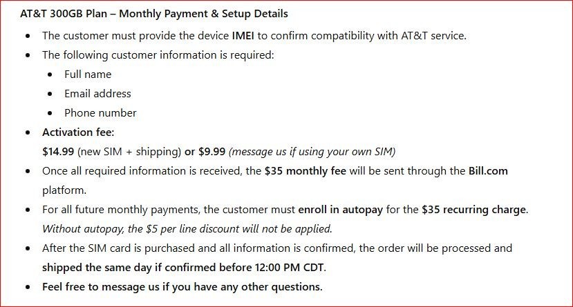 ATT $35/month 300GB Hotspot Data Plan SIM Card