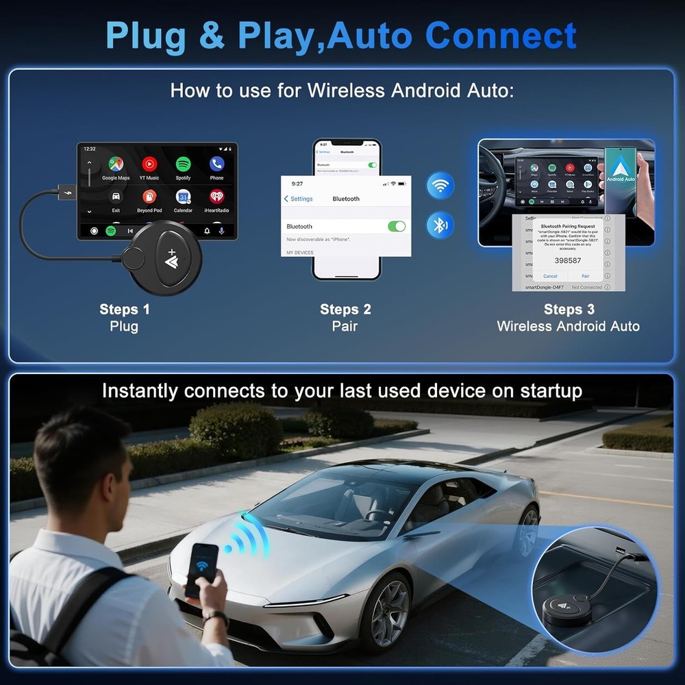 Wireless Android Auto Adapter Video Streaming YouTube TikTok Plug & Play