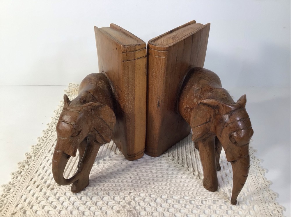 Elephant Bookends~Hand Carved Solid Wood~6” Tall~