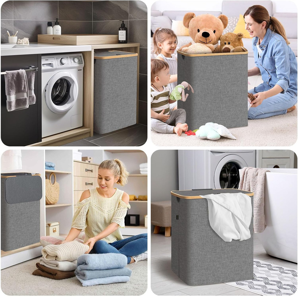 Laundry Hamper with Lid, Tall Laundry Baskets with Bamboo Pull Handles, Large...