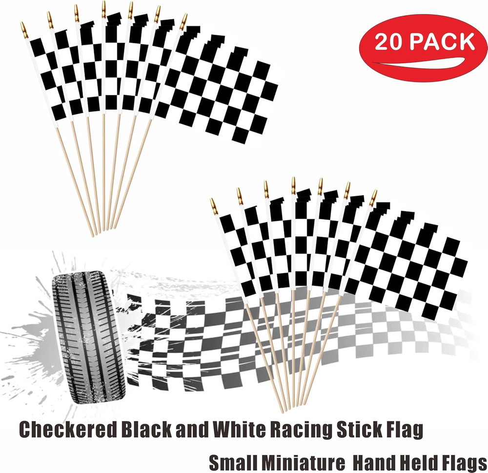 20 Pack Checkered Black and White Racing Mini Stick Flags Small Miniature Han...