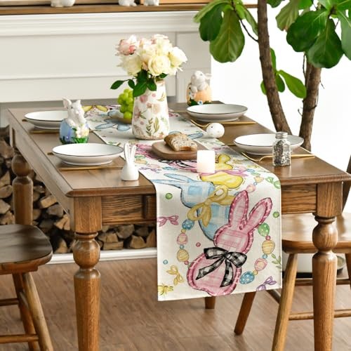 Floral Bow Bunny Rabbits Eggs Easter Table 13" x 72", Table Runner Beige