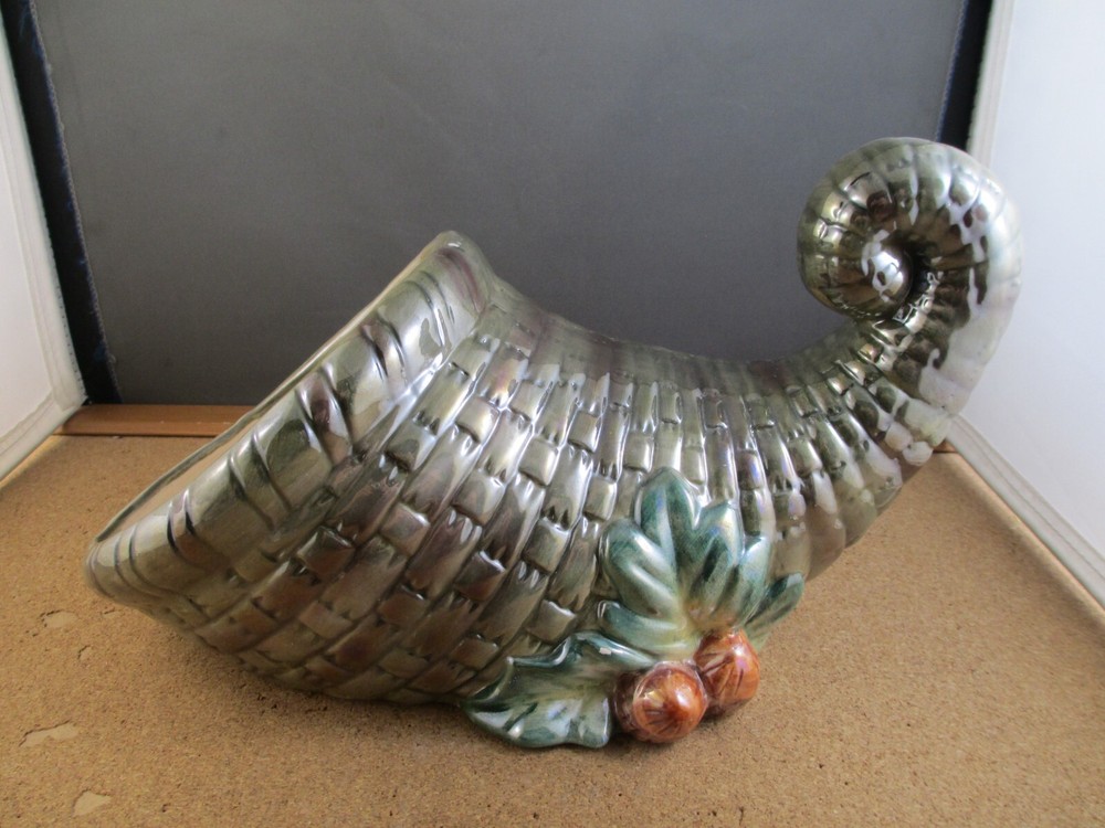 Green Ceramic Cornucopia Thanksgiving Table Decor & Silk Flower