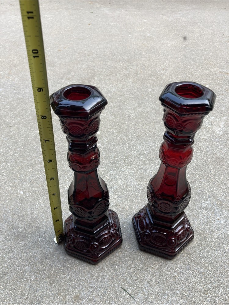 Avon 1876 Cape Cod Ruby Red Glass Candlestick Holders - Vintage - Pair 2 Empty
