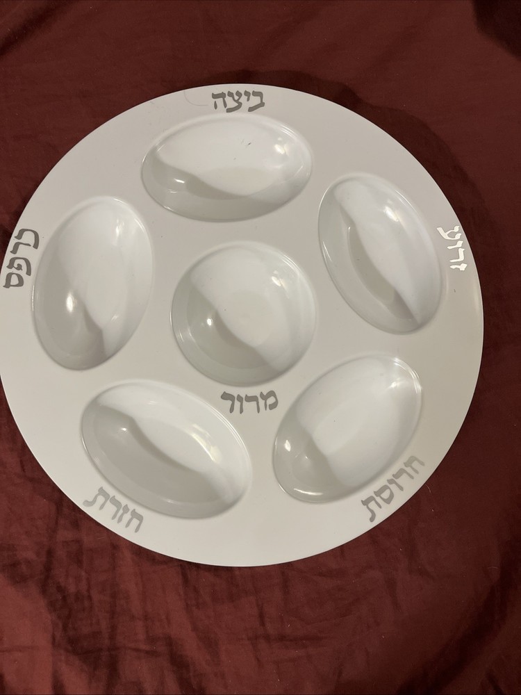 12" White with Silver Hebrew Words Plastic Seder Plate for Passover