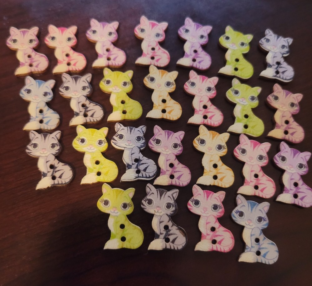 25 pc Wooden Button Cat Shaped Assorted Colors Multi-Color 2-Hole