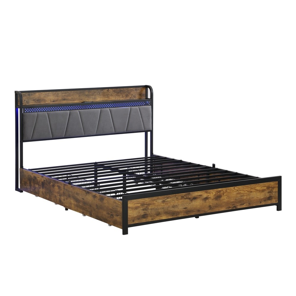 Full/Queen Size Platform Bed Frame w/ 4 Drawer & Storage Headboard & LED Lights