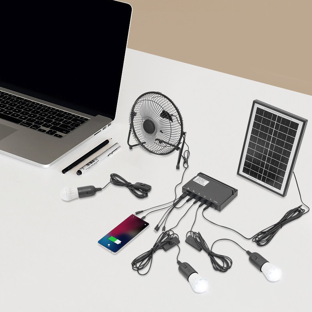 Solar Power Panel Kit Outdoor Camping USB Charging System W/ LED Light & 8" Fan