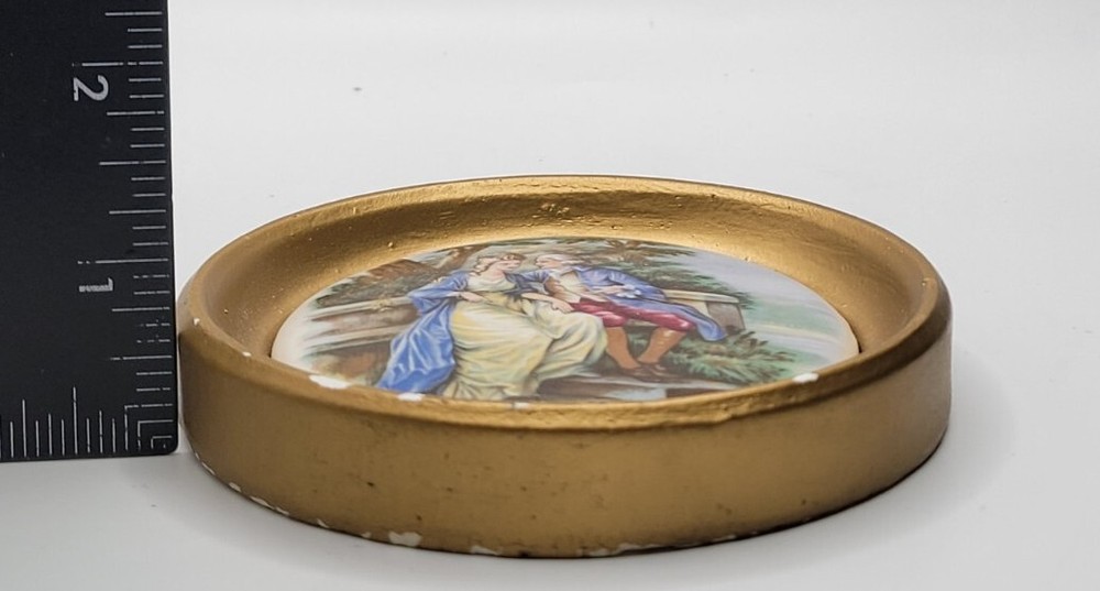 Victorian Hand Painted Courting Scene Tile • Chalkware Frame Wall Plaque •Signed