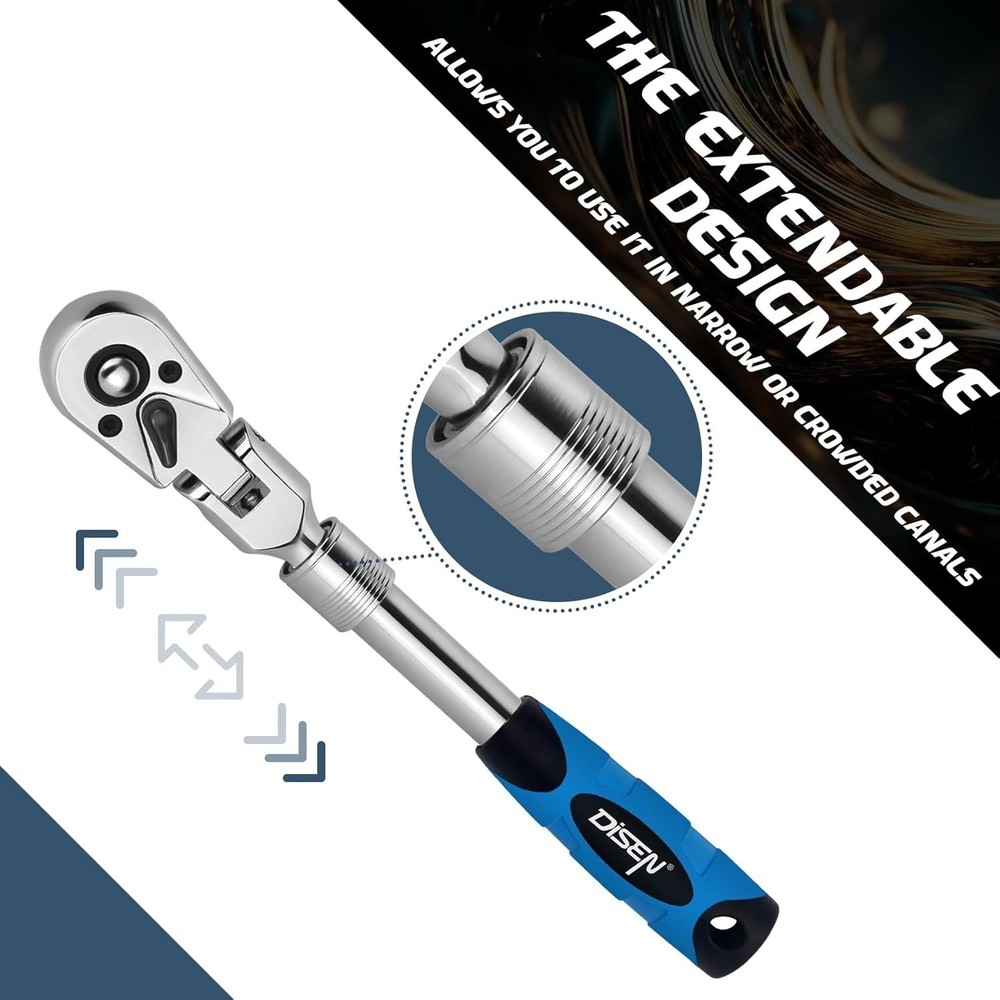 3-Piece Extendable Flex-Head Ratchet Wrench Set With EVA Storage Case, 72-Tooth