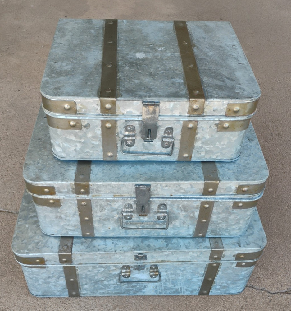 Galvanized 3pc Nesting Trunk Suitcase Lot Lockable Farm House Cottage Decor