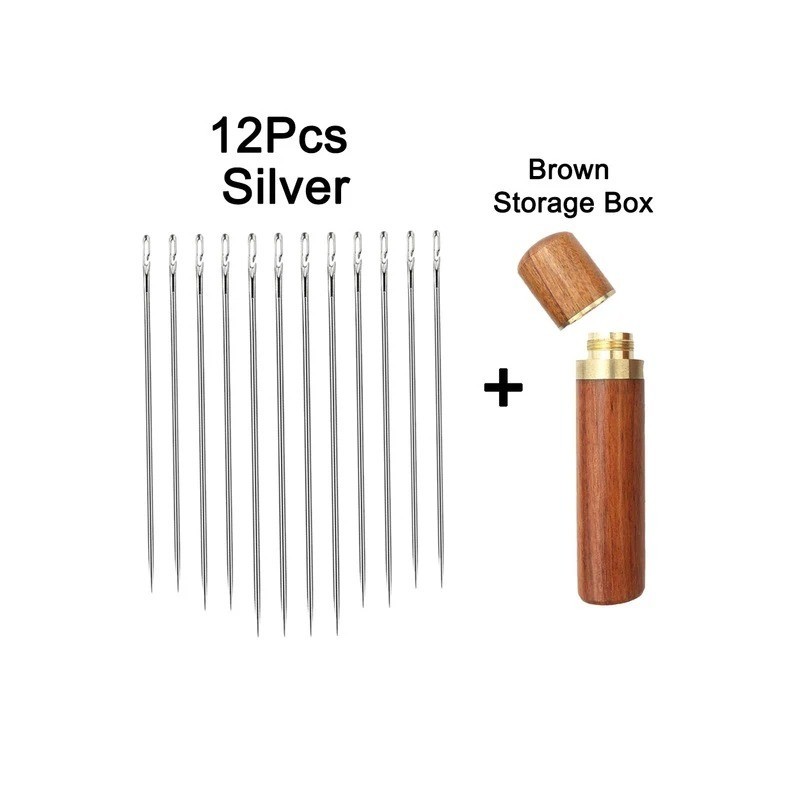 12Pcs Silver Sewing Needles with Brown Storage Box Hand Stitching Tool Kits
