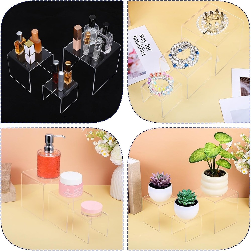 6 Pcs Clear Acrylic Risers Display Stands 0.2" Thick 2 Sets Square 3-Tier Ris...