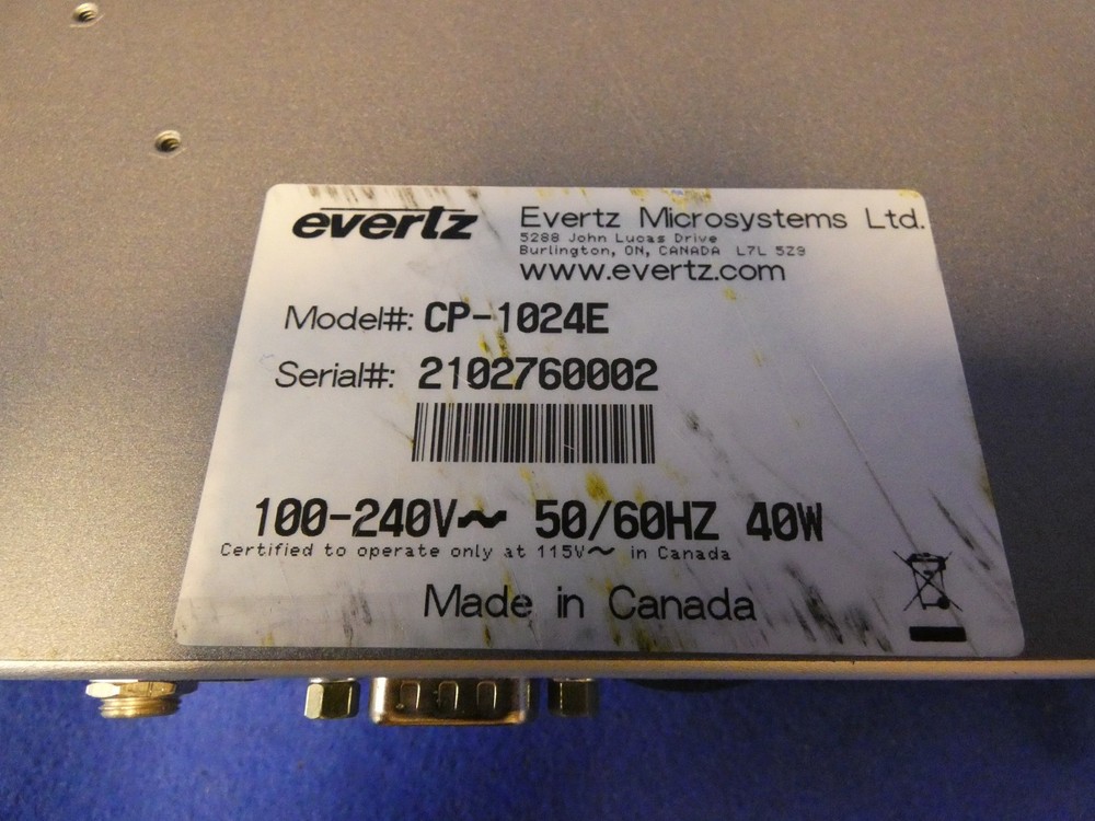 Evertz CP-1024E Quartz Router Control Panel, Tested to Power On