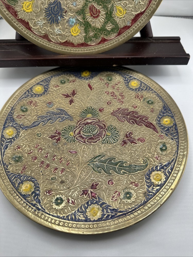 2 Solid Brass Decorative Plate Wall Hanging w/Peacock And Rose Design
