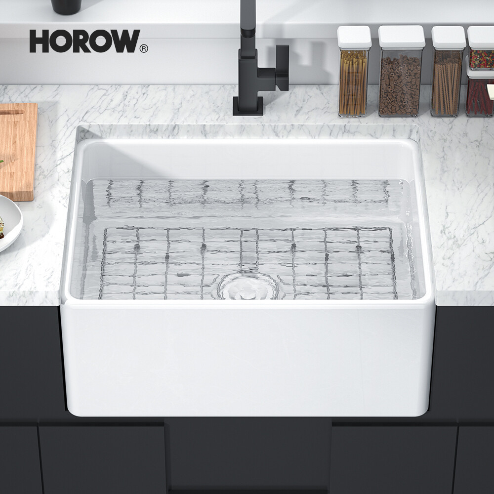 24" Sink Single Bowl Undermount Ceramic Farmhouse Apron Kitchen White Rectangle