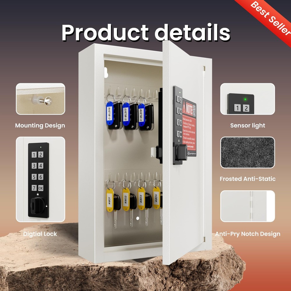Grimtron Key Lock Box for Keys with Code, 40 Keys, Beige Electronic