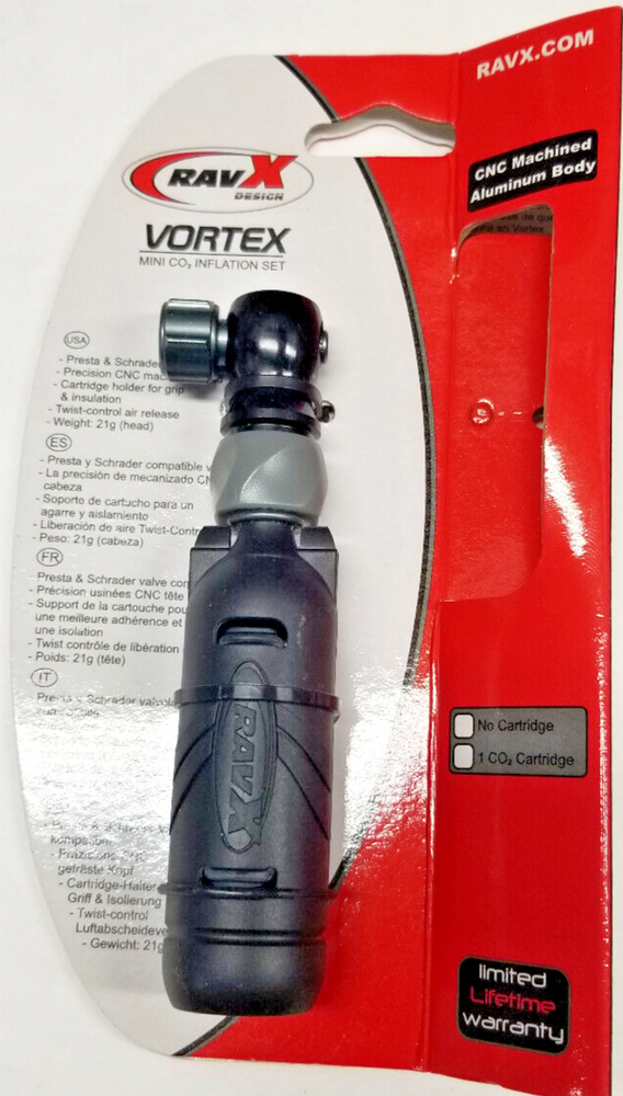 CO2 inflator RavX Vortex presta shrader alloy CNC for threaded cartridges