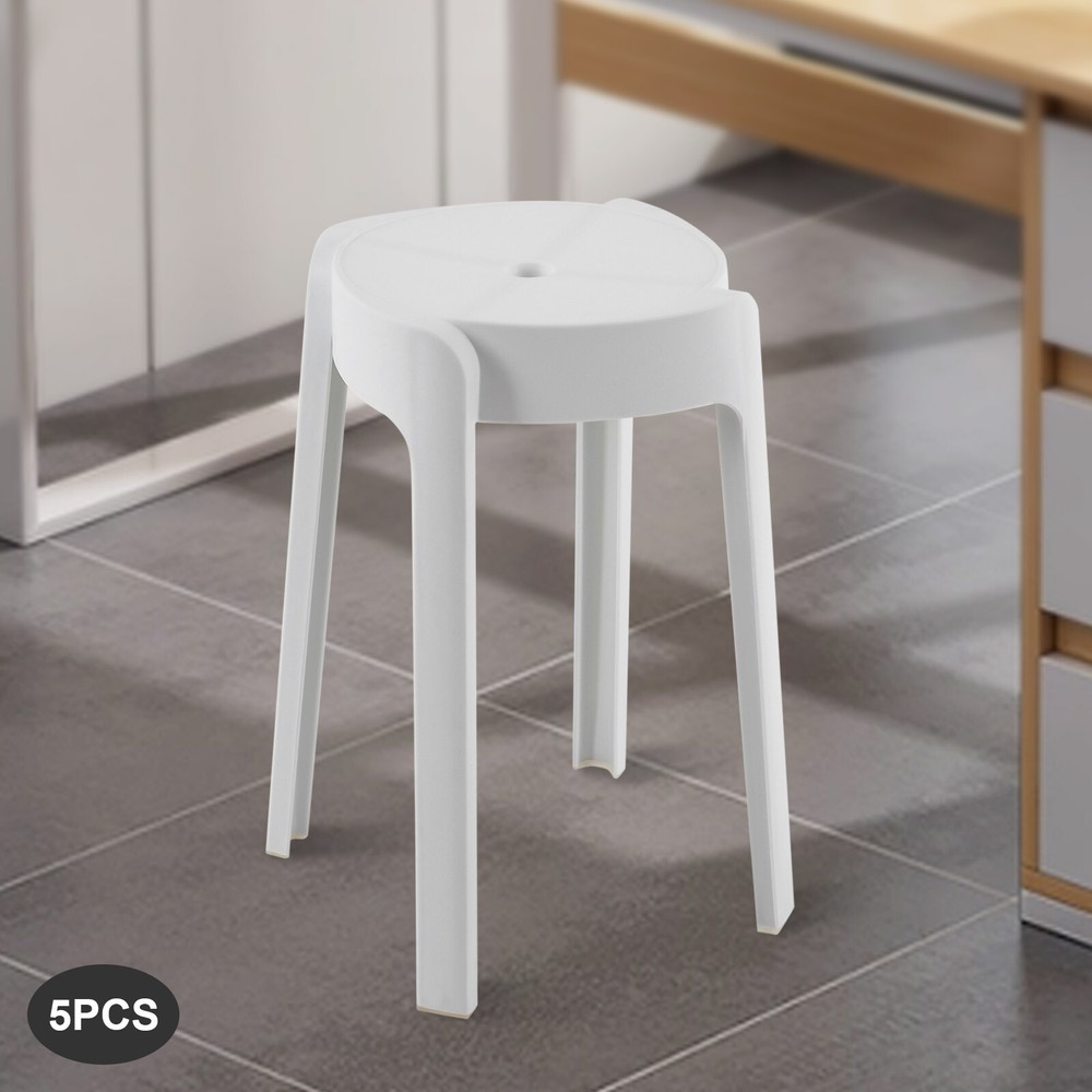 Set of 5 Portable Plastic Stack Stools Backless Classroom Seating Chair White