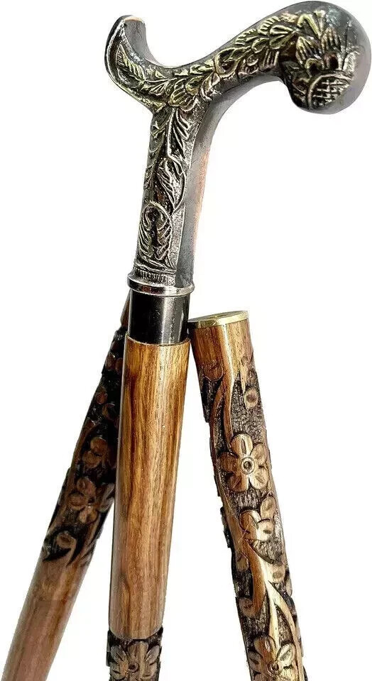 Vintage Brass Handle Foldable Cane – Wooden Walking Stick Gift.