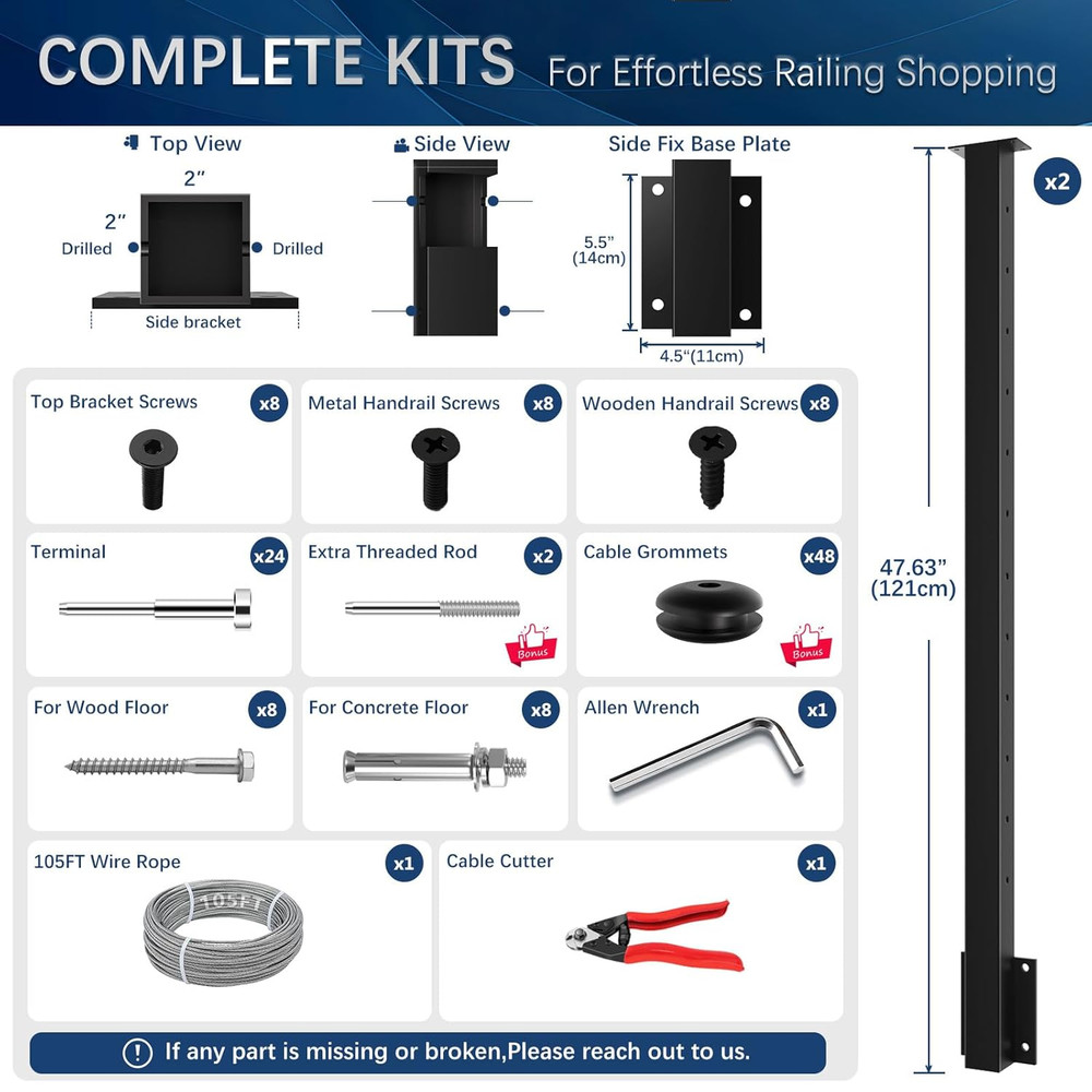 2Pack Side Mount Cable Railing Post Kits with 105Ft Cable & Tensioners