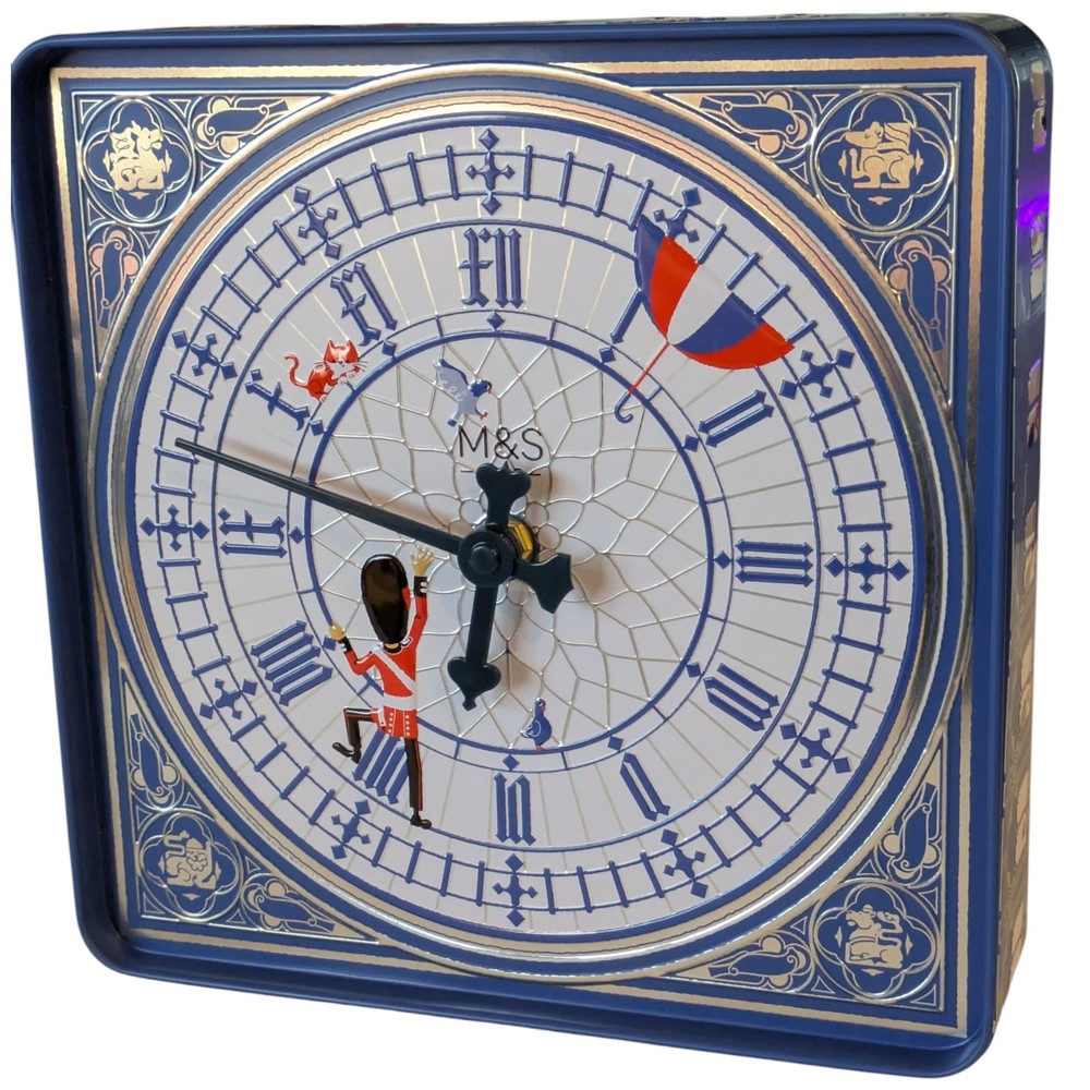M&S Cookie Biscuit tin with working Clock Big Ben London EMPTY Blue
