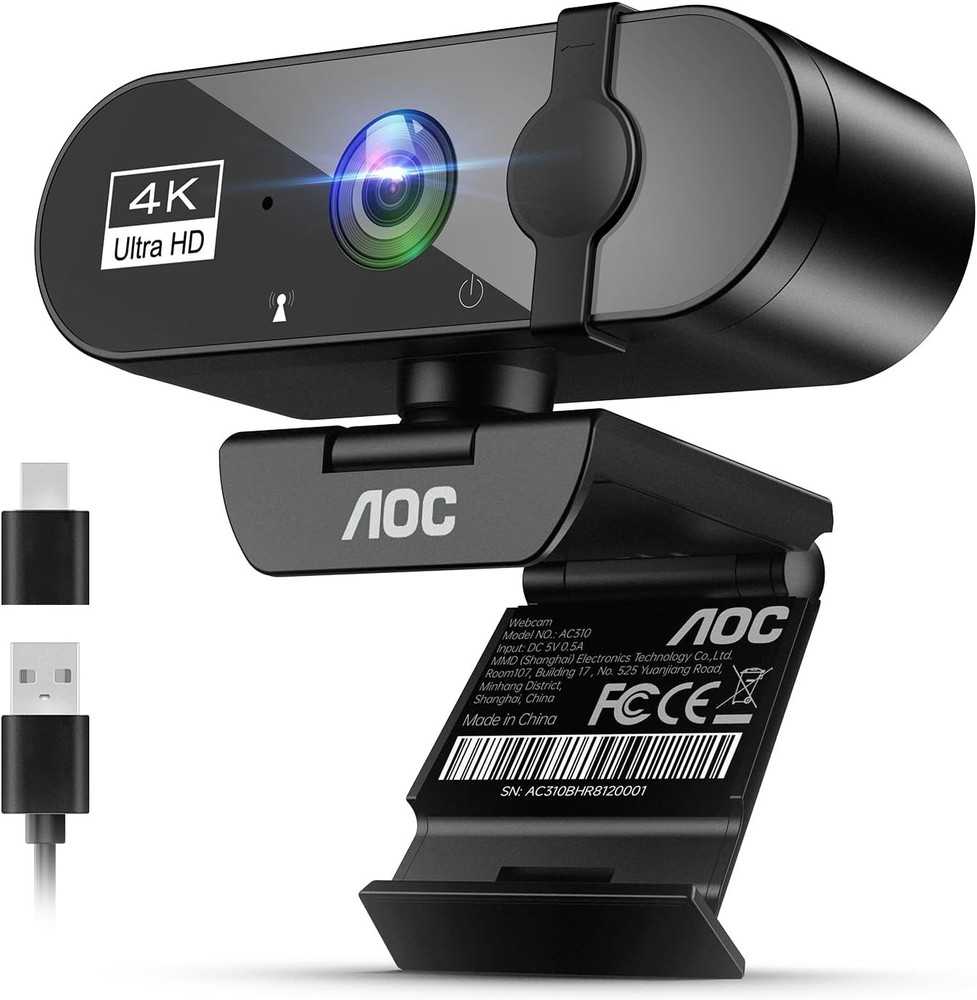 AOC 4k Webcam for PC with Microphone, Computer Camera with Noise Cancellation, P