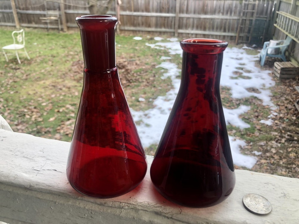 2 Vintage Ruby Red Glass Beakers