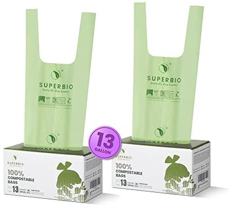 SUPERBIO 13 Gallon Compostable Handle Tie Trash Bags, 30 Count, 2 Pack