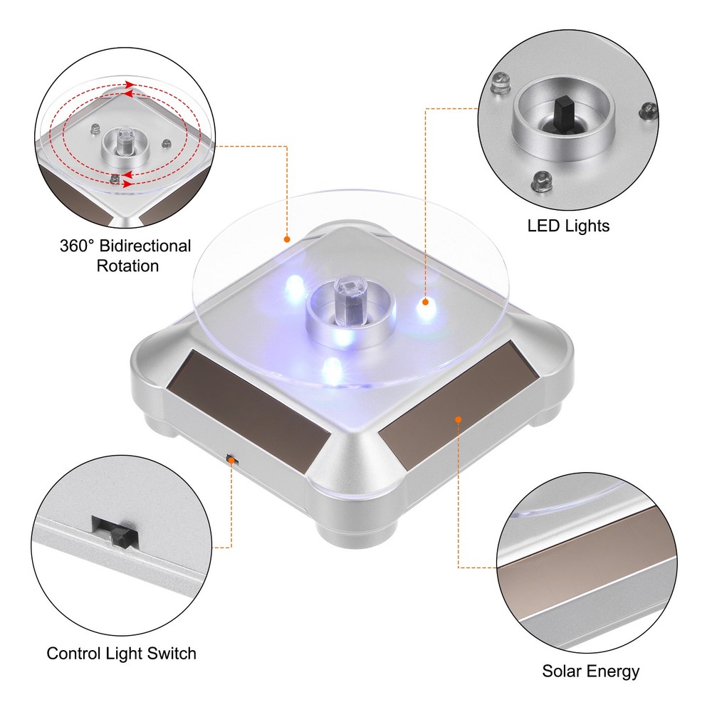 Solar Display Stand Turntable 360°Rotating Double Use LED Light ABS Silver
