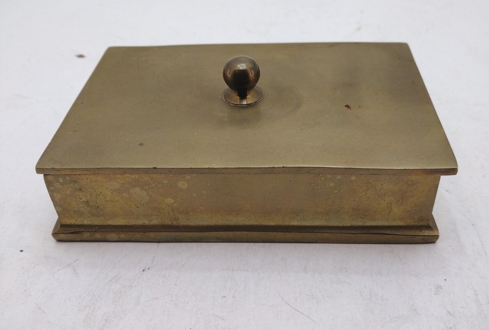 Vtg Handmade Heavy Brass Rectangular Trinket Box, removable Lid , India. 5.5x4in