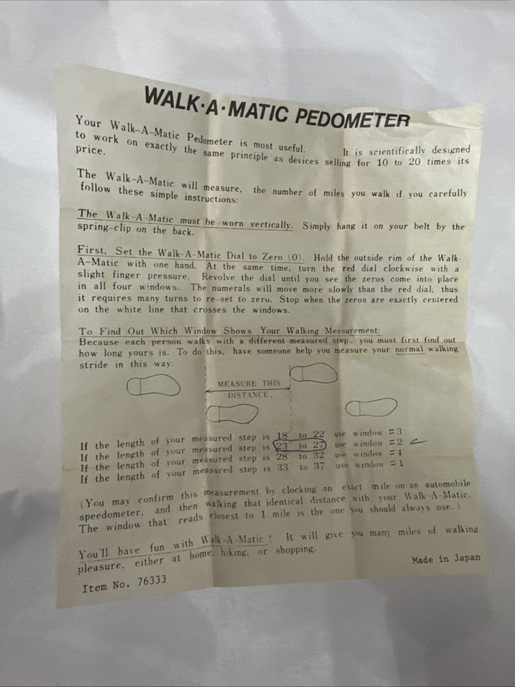 Vintage Walk-A-Matic Mechanical Pedometer w/ Box & Instructions Works