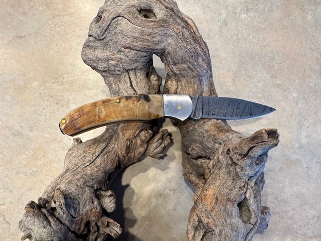 Big Damascus folding blade knife w/ Rams horn handle