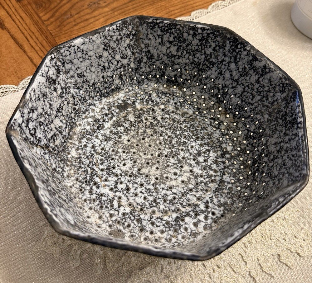 Vintage Small Enamelware Colander - Black and White - Octagonal
